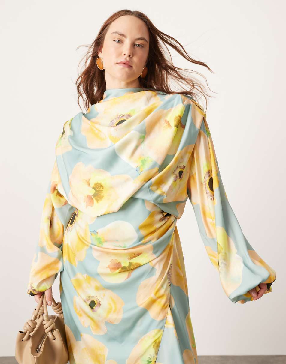 ASOS EDITION Curve satin volume blouson sleeve satin midi dress in large floral print