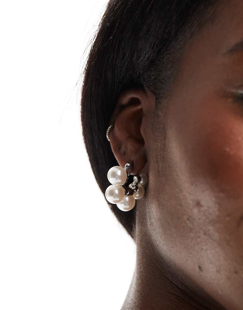Pieces pearl detail hoop earrings in silver