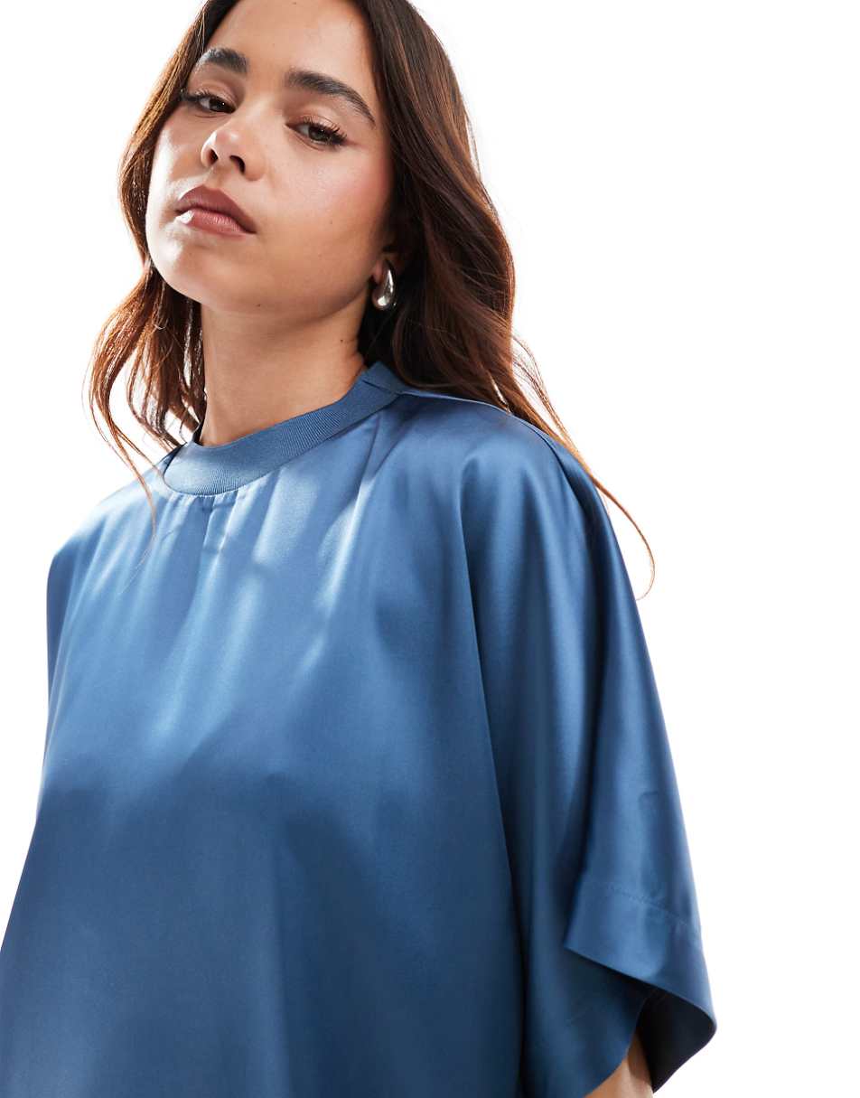 ASOS DESIGN satin oversized mini tshirt dress in steel blue