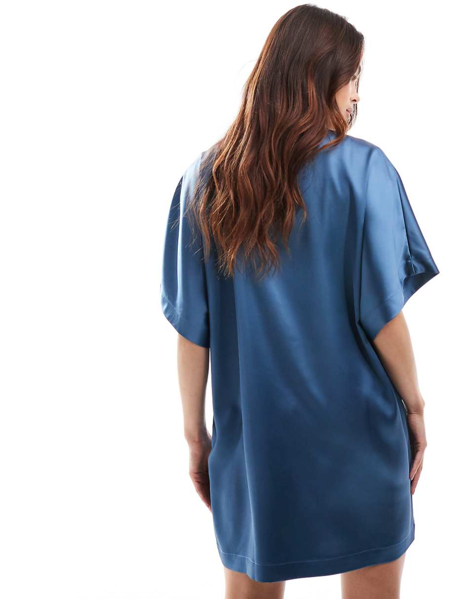 ASOS DESIGN satin oversized mini tshirt dress in steel blue