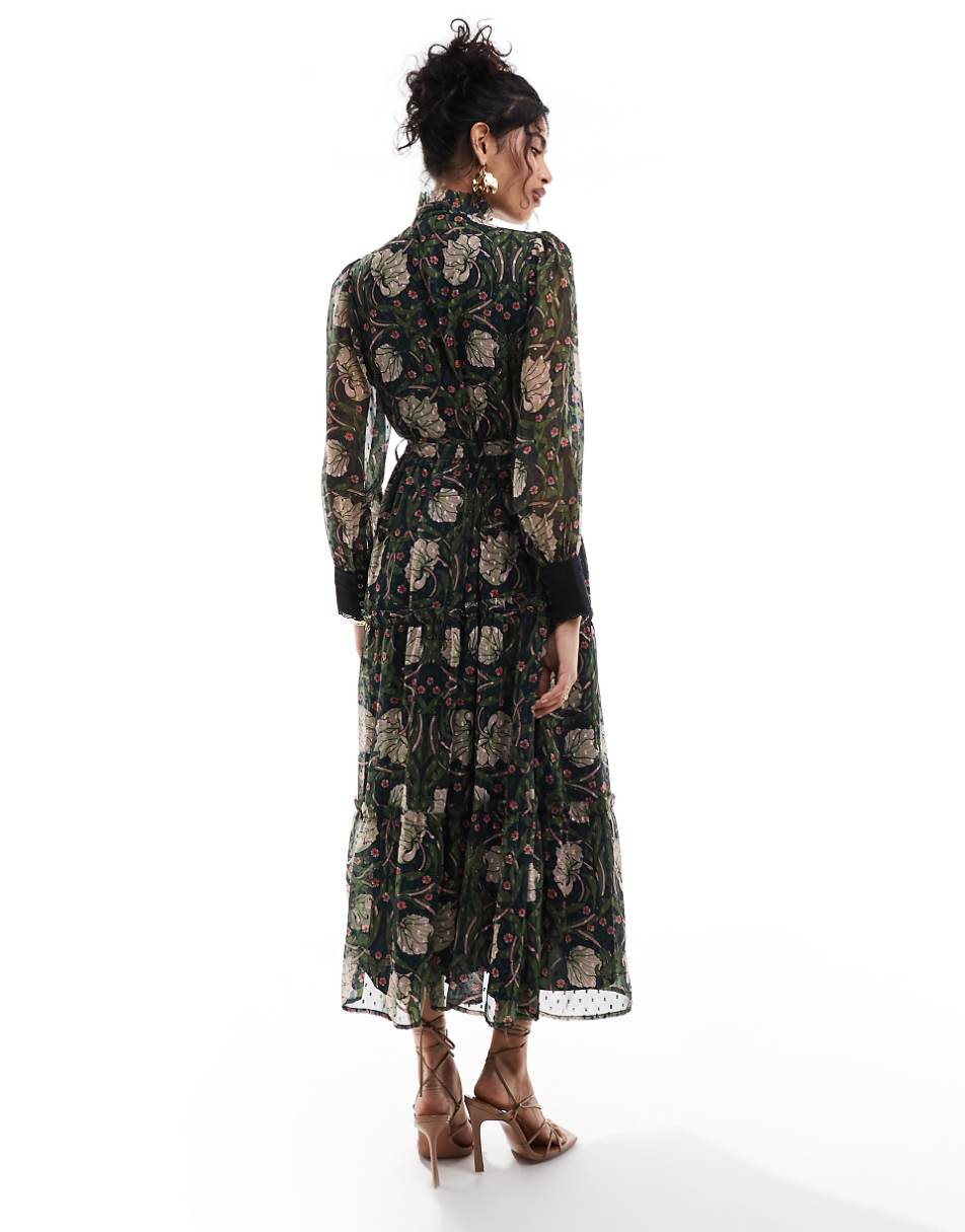 Hope & Ivy in collaboration with The William Morris Society button front tie waist midi dress in dark based floral