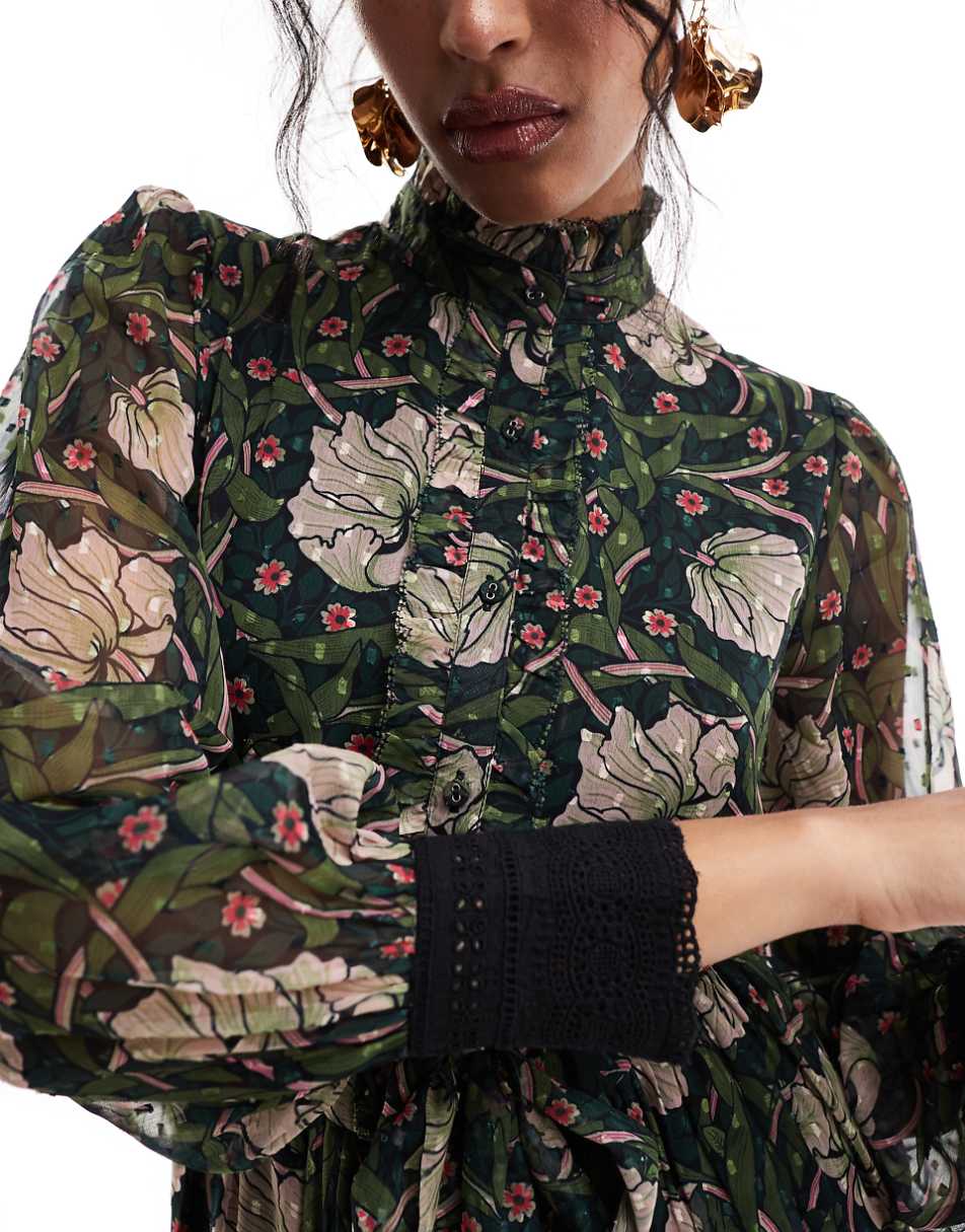 Hope & Ivy in collaboration with The William Morris Society button front tie waist midi dress in dark based floral