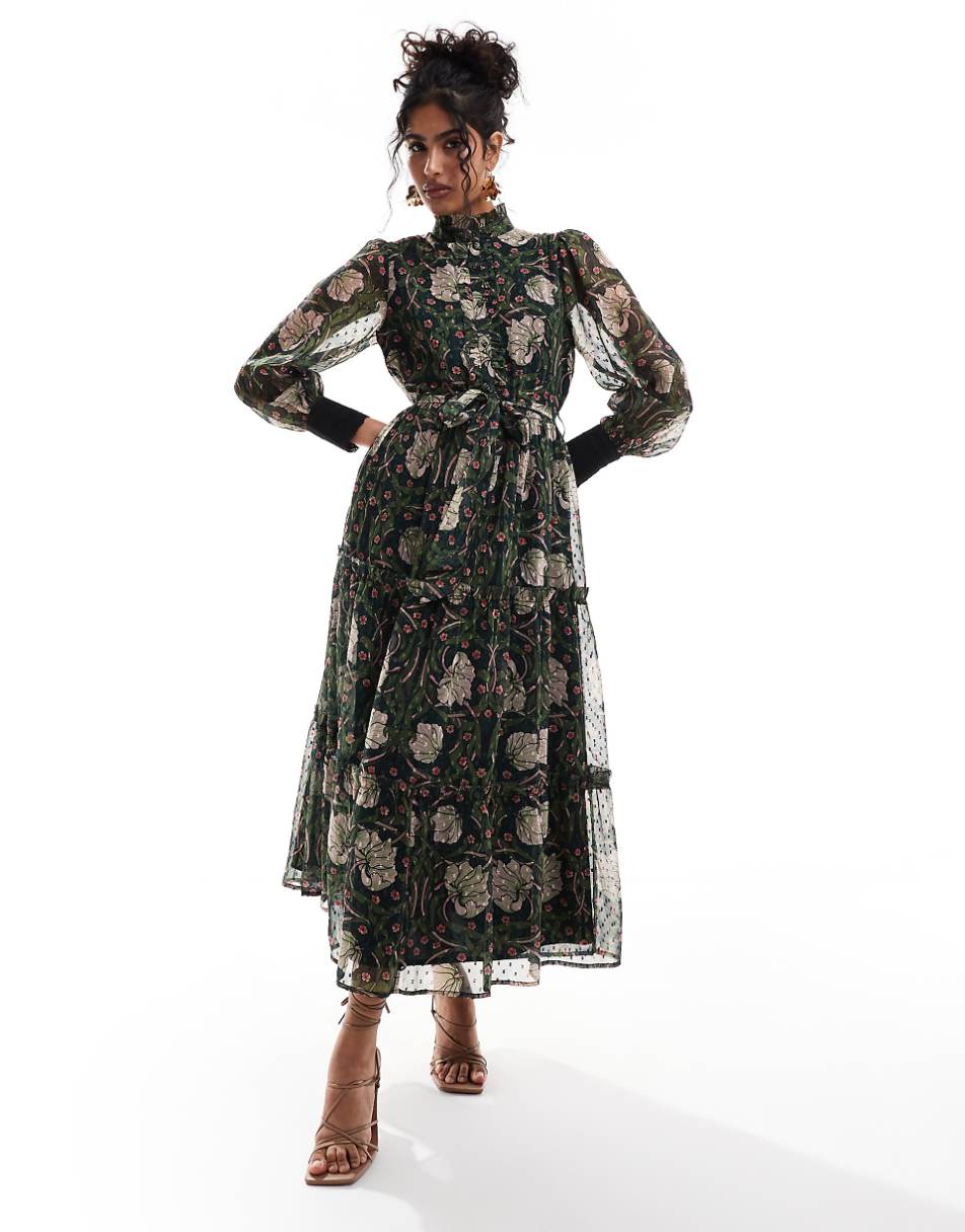 Hope & Ivy in collaboration with The William Morris Society button front tie waist midi dress in dark based floral