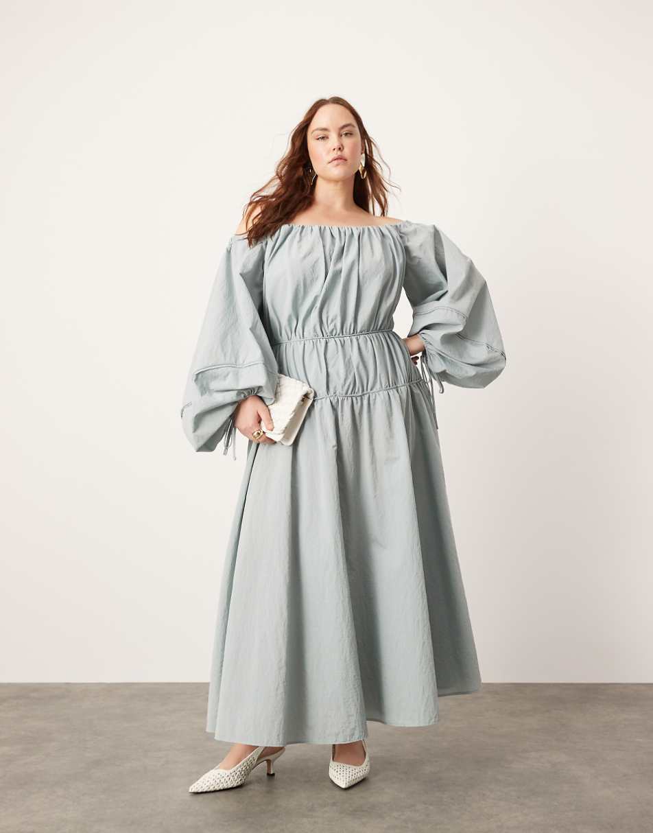 ASOS EDITION Curve bardot pleat detail maxi dress with balloon sleeves in blue