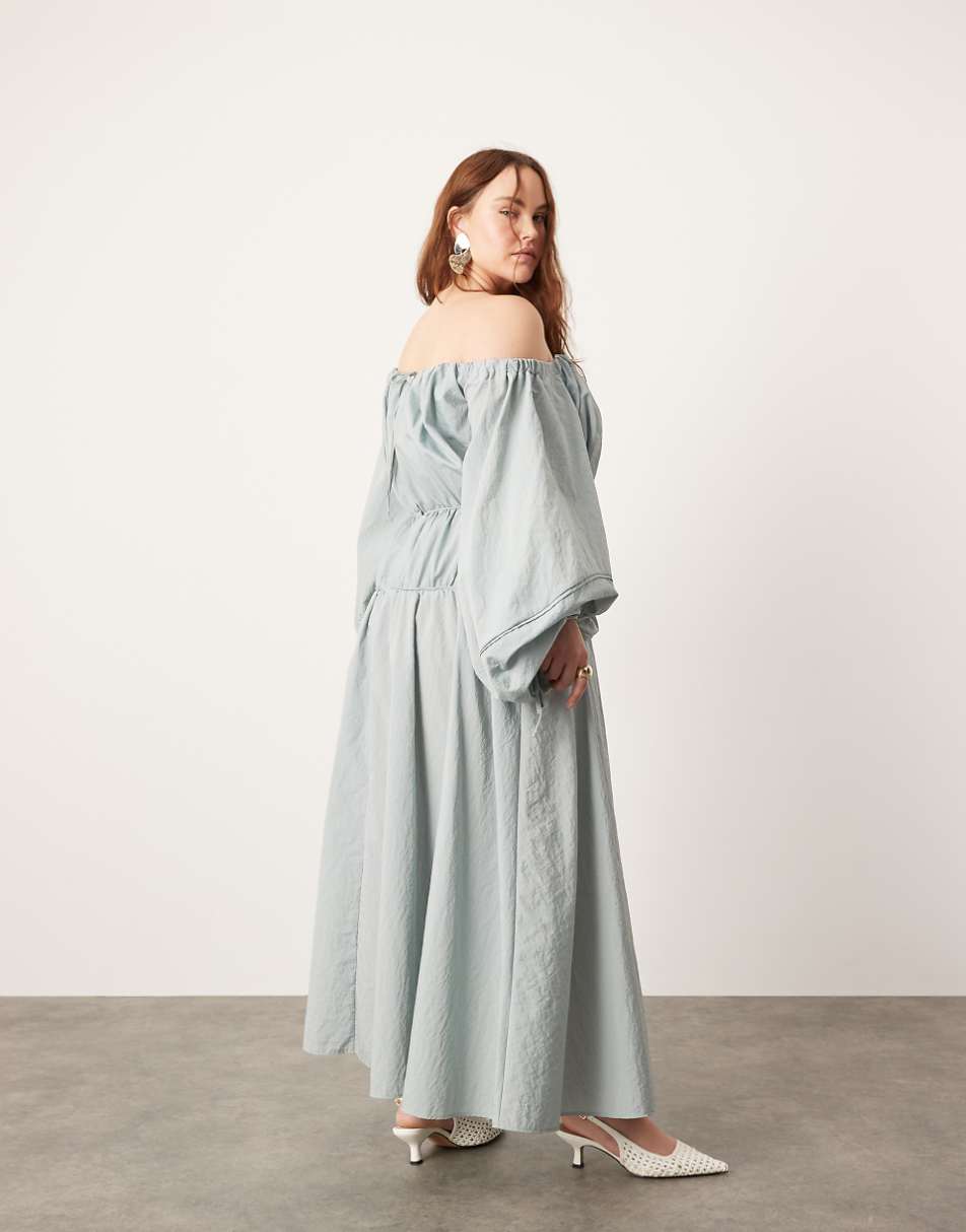 ASOS EDITION Curve bardot pleat detail maxi dress with balloon sleeves in blue