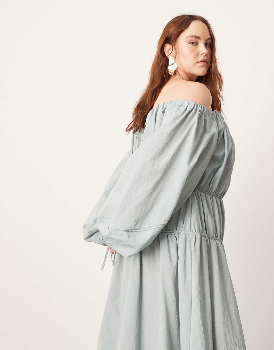 ASOS EDITION Curve bardot pleat detail maxi dress with balloon sleeves in blue
