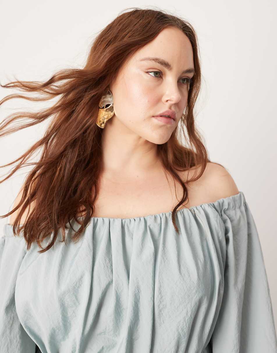 ASOS EDITION Curve bardot pleat detail maxi dress with balloon sleeves in blue