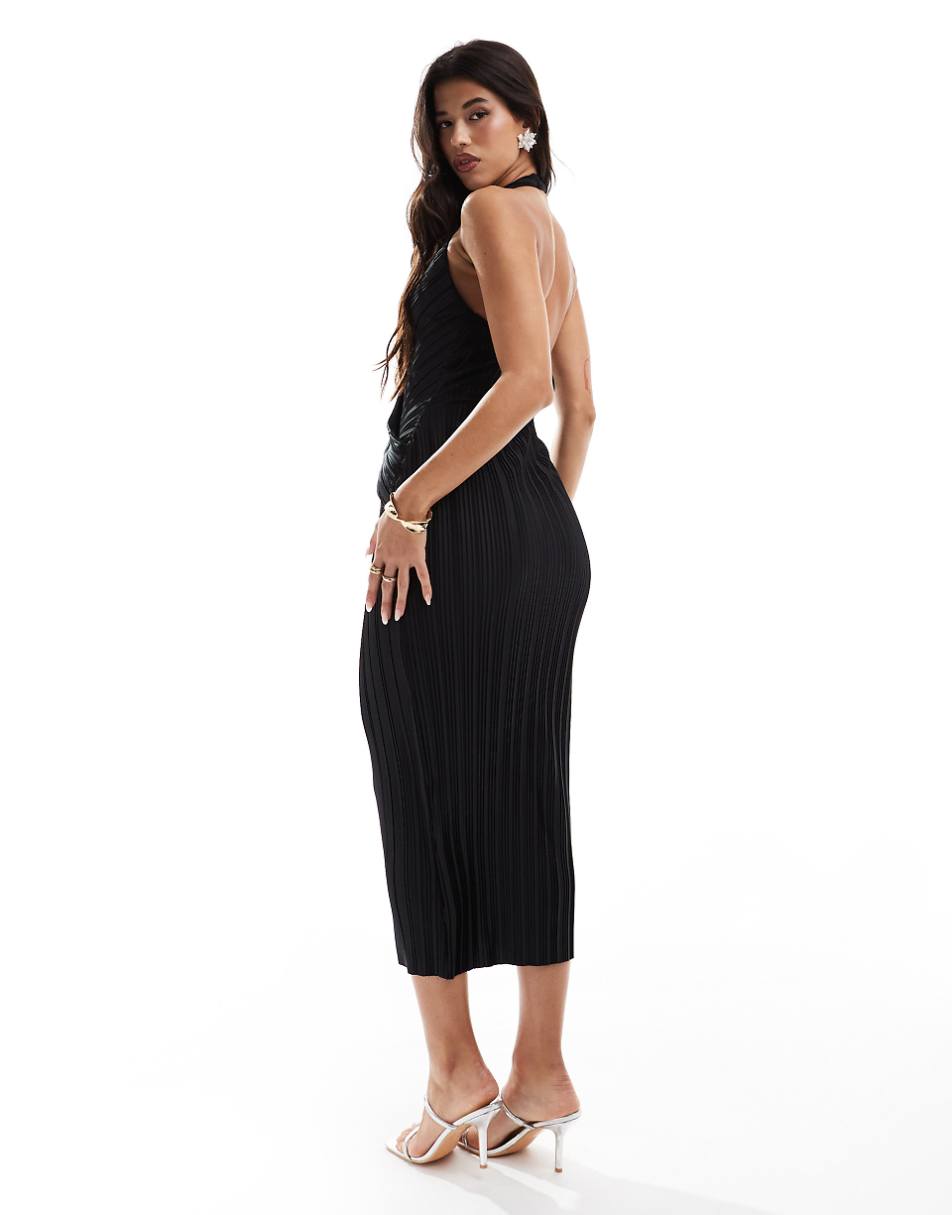 ASOS DESIGN plisse wrap around neckline midi dress in black