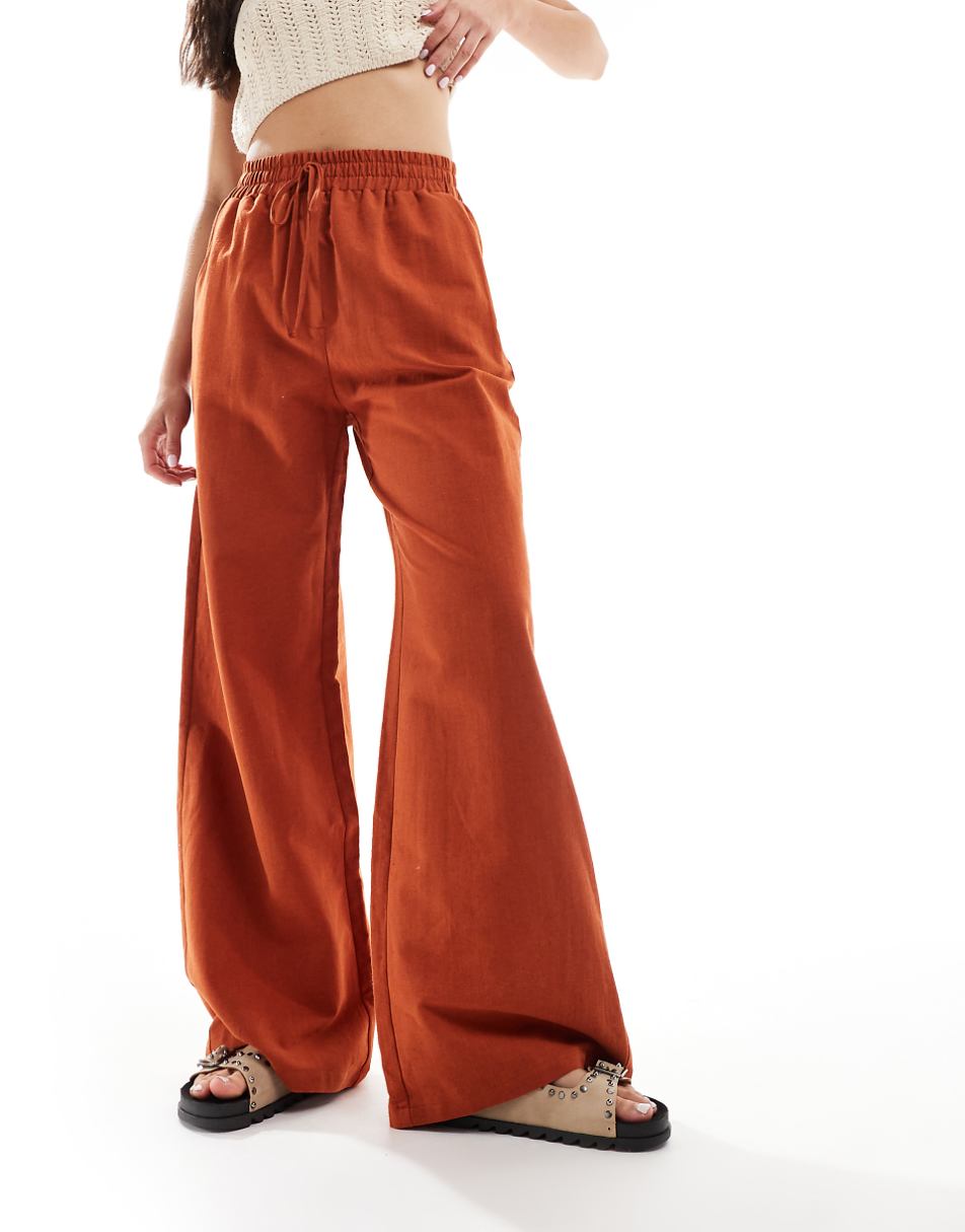 ASOS DESIGN tie waist wide leg pants with linen in terracotta