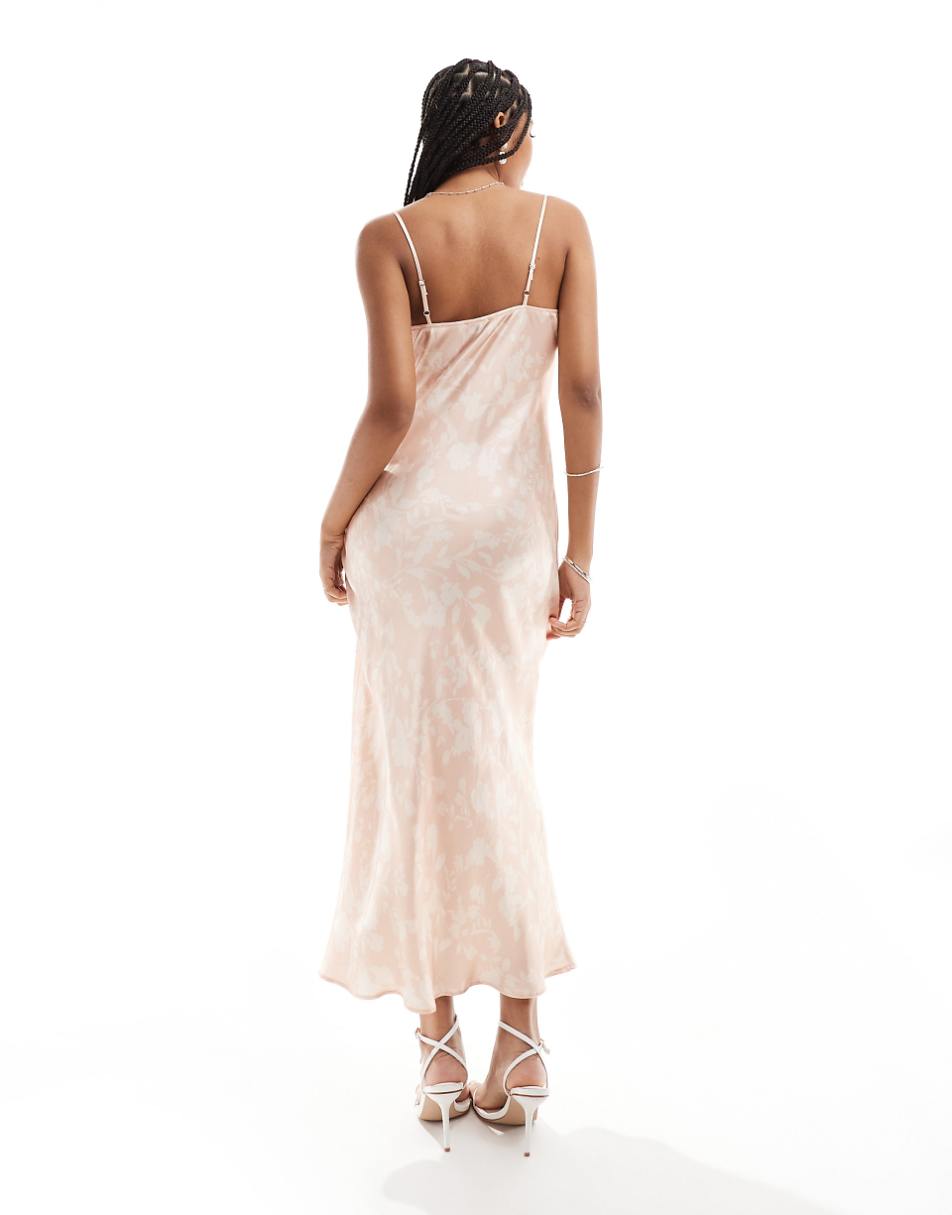 ASOS DESIGN satin midi dress with lace trim detail in pale pink floral
