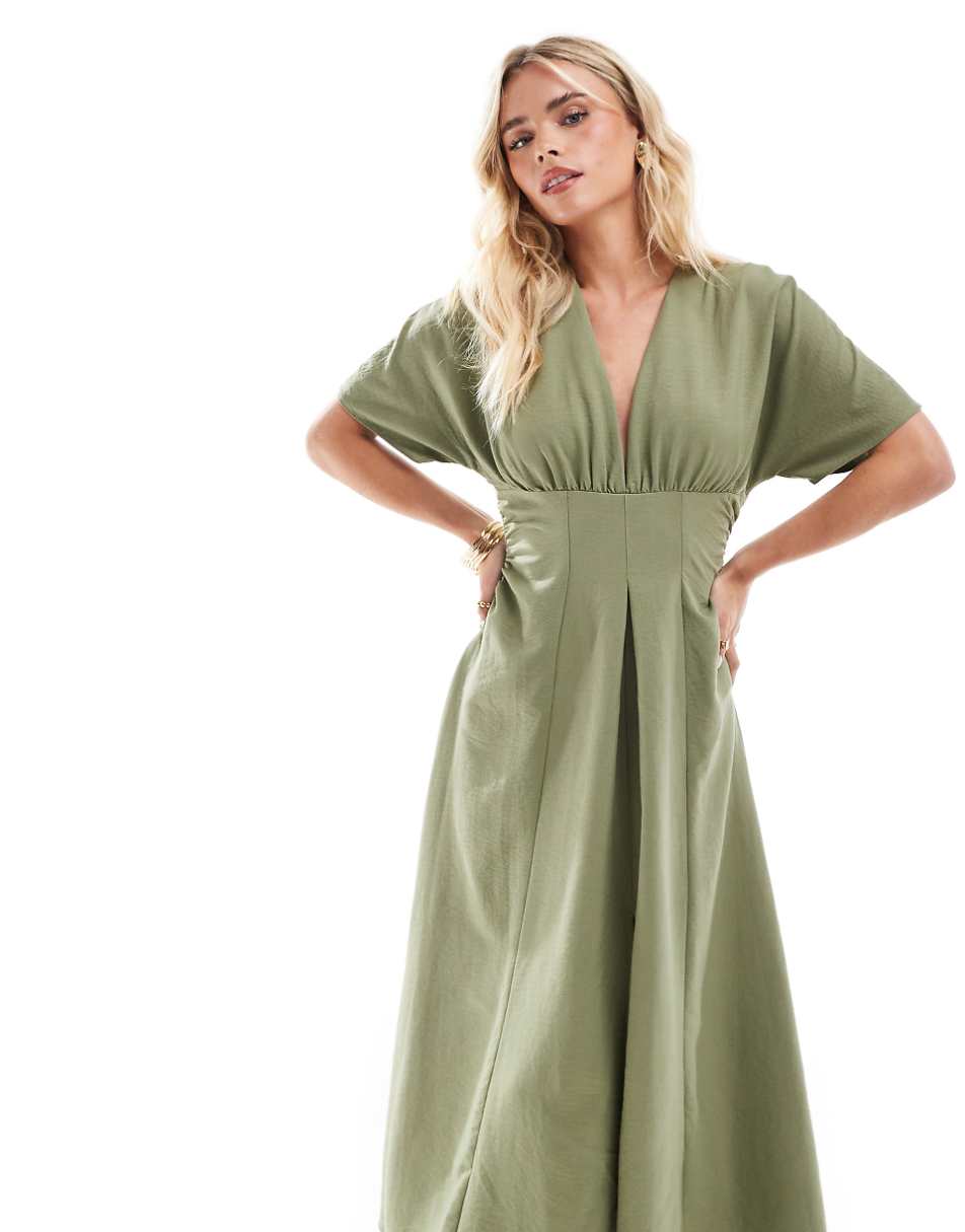 ASOS DESIGN Petite plunge angel sleeve midi dress in khaki