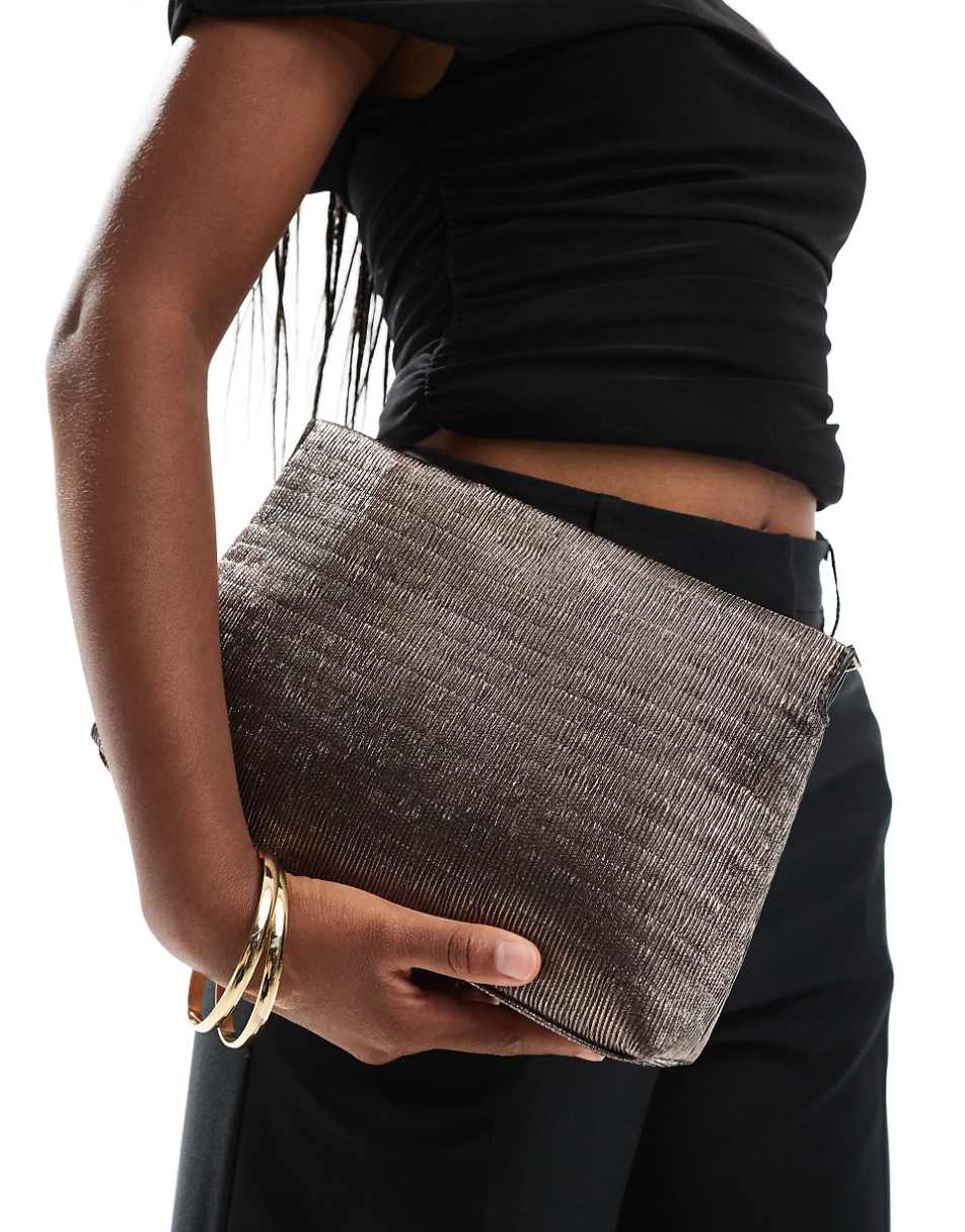 ASOS DESIGN zip top textured clutch bag in gunmetal silver