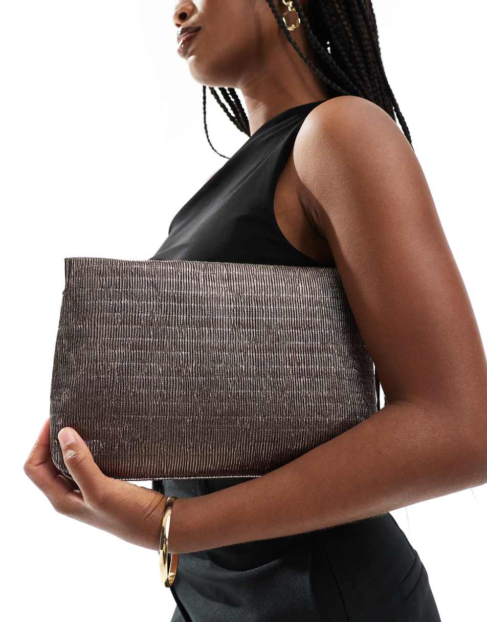 ASOS DESIGN zip top textured clutch bag in gunmetal silver