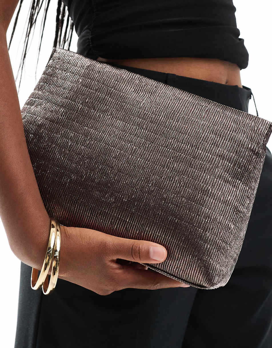 ASOS DESIGN zip top textured clutch bag in gunmetal silver