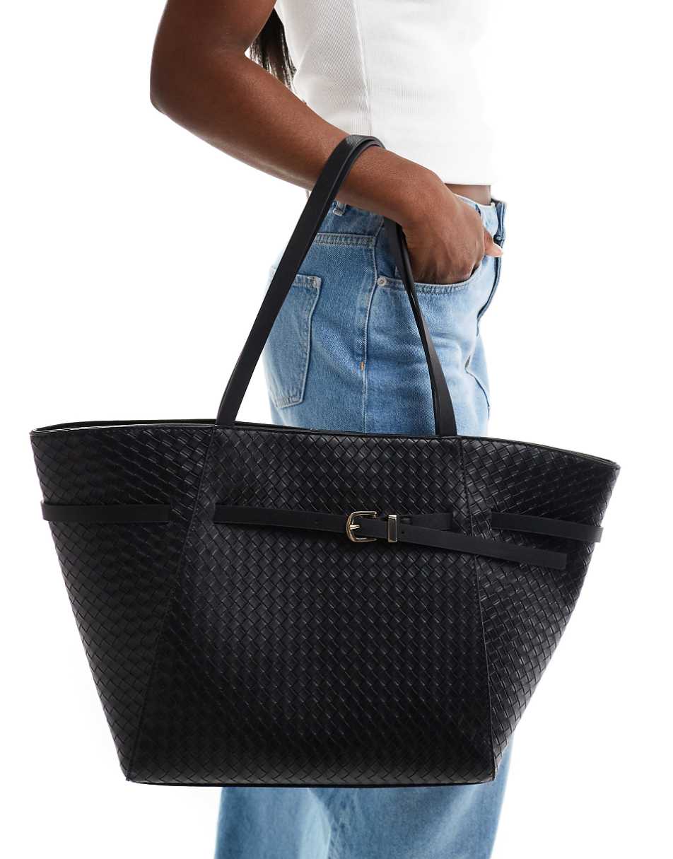ASOS DESIGN woven tote bag with belt buckle detail in black