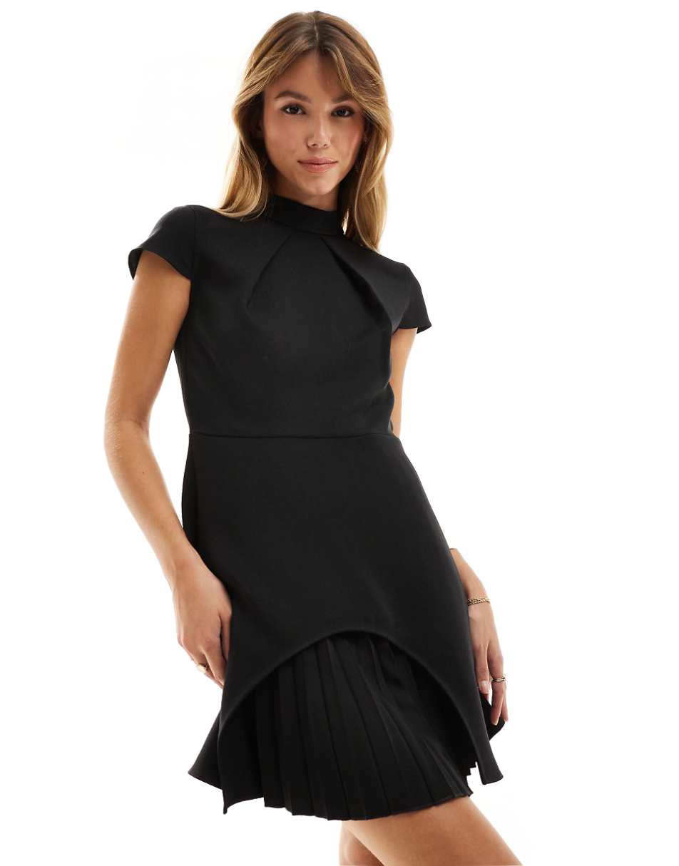 Closet London pleated cap sleeve mini dress in black