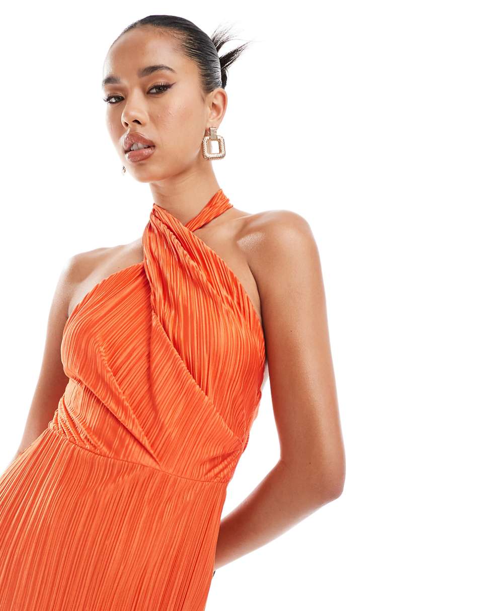 ASOS DESIGN plisse twisted halter neck midi dress in orange