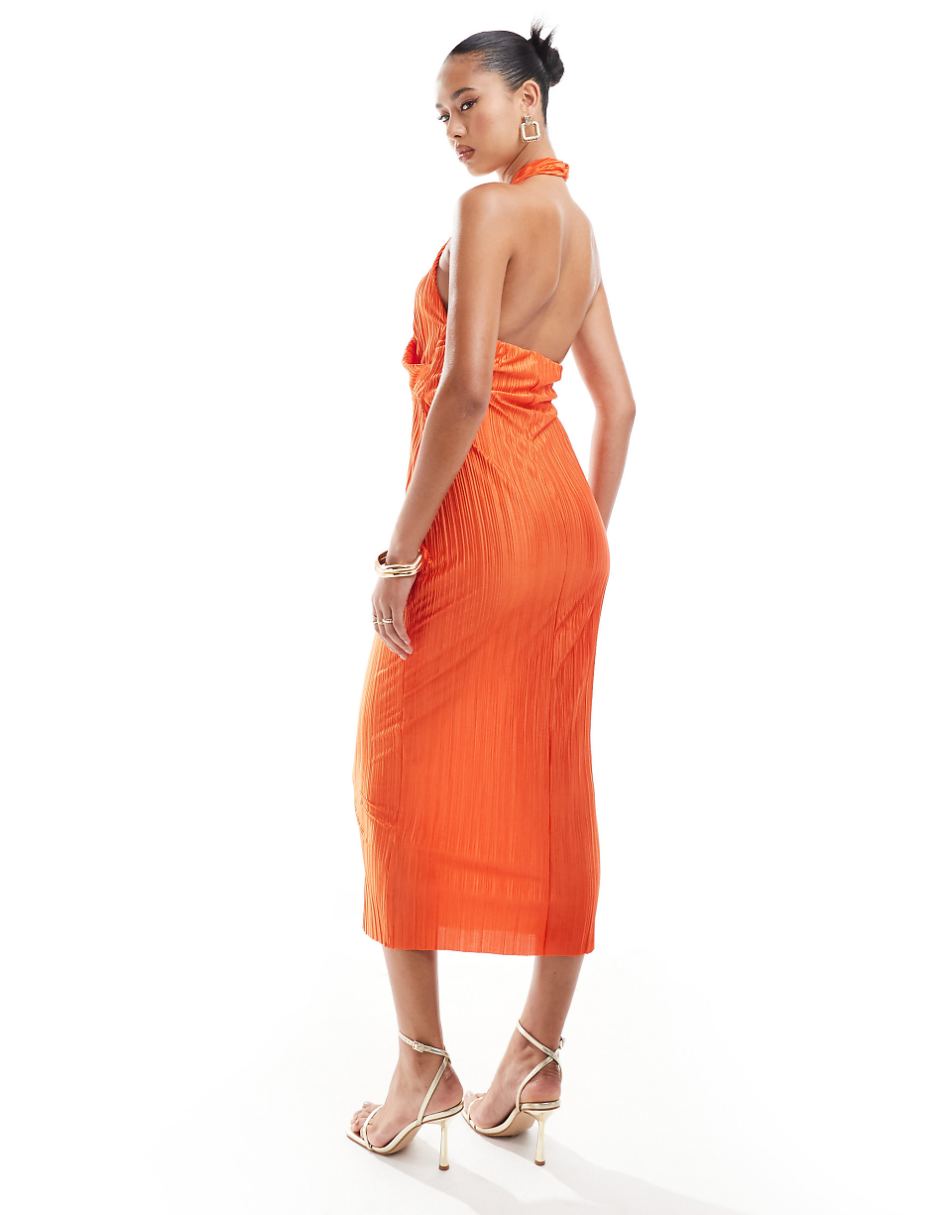 ASOS DESIGN plisse twisted halter neck midi dress in orange
