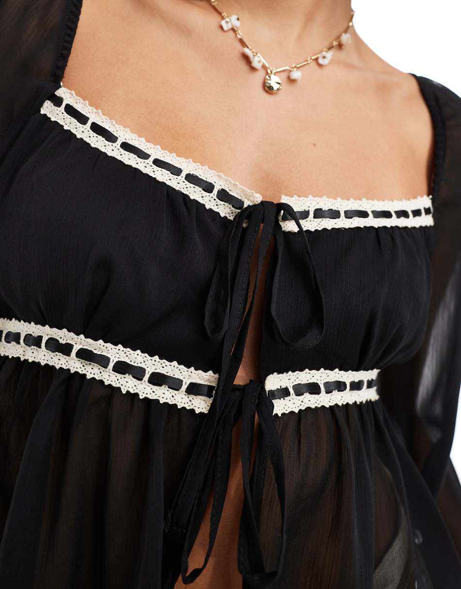 Miss Selfridge chiffon lace-trim insert blouse in black