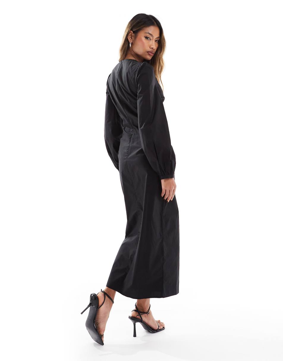 Kaiia volume sleeve plunge neck button detail maxi dress in black