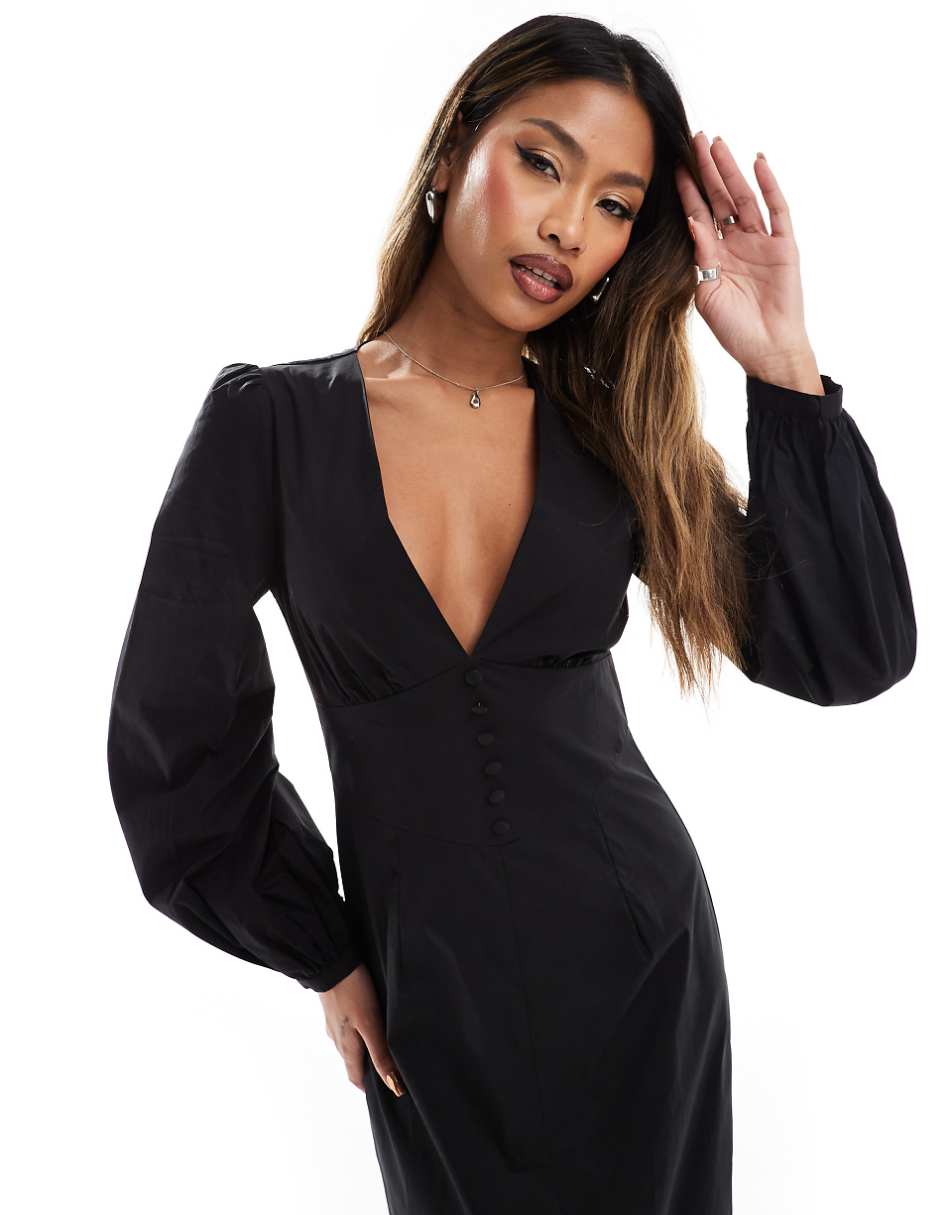 Kaiia volume sleeve plunge neck button detail maxi dress in black