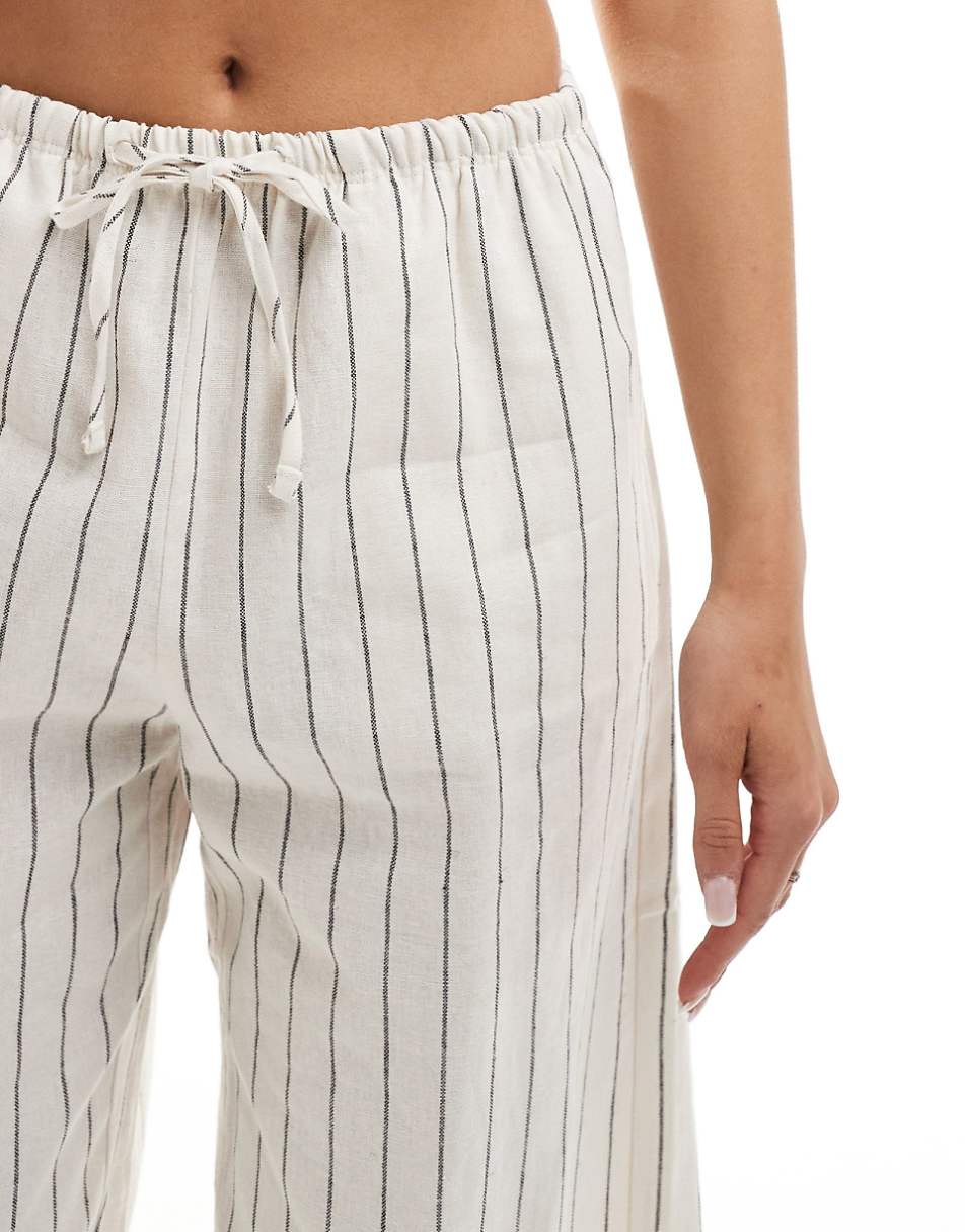 Bershka tie waist wide leg linen pants in ecru stripe