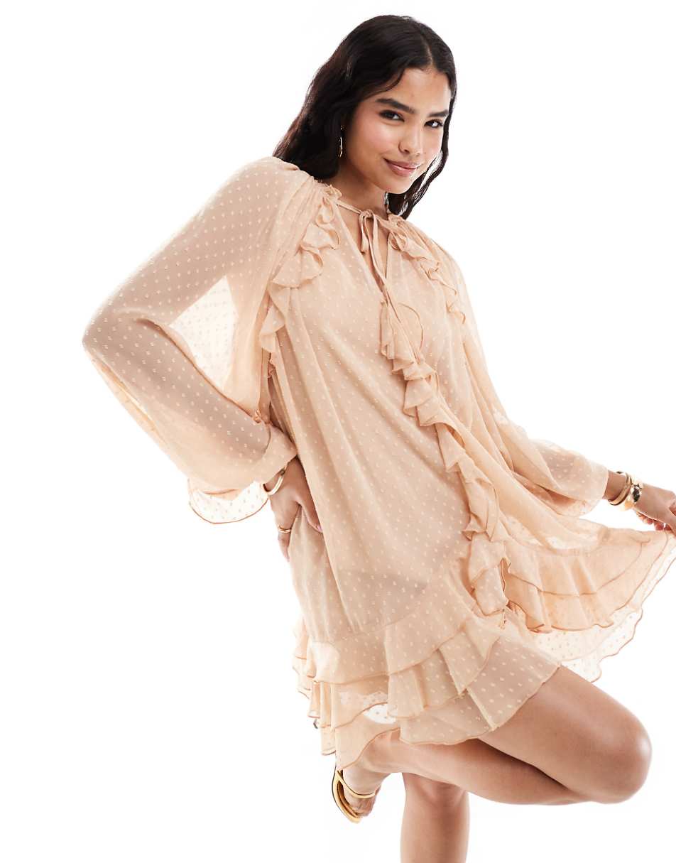 ASOS DESIGN textured chiffon mini dress with ruffles & blouson sleeve in peach