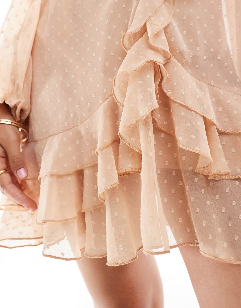 ASOS DESIGN textured chiffon mini dress with ruffles & blouson sleeve in peach