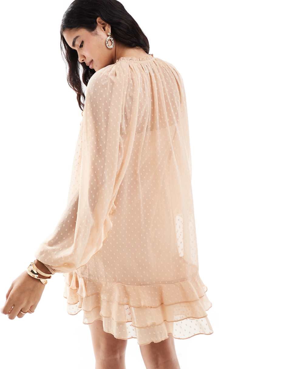 ASOS DESIGN textured chiffon mini dress with ruffles & blouson sleeve in peach
