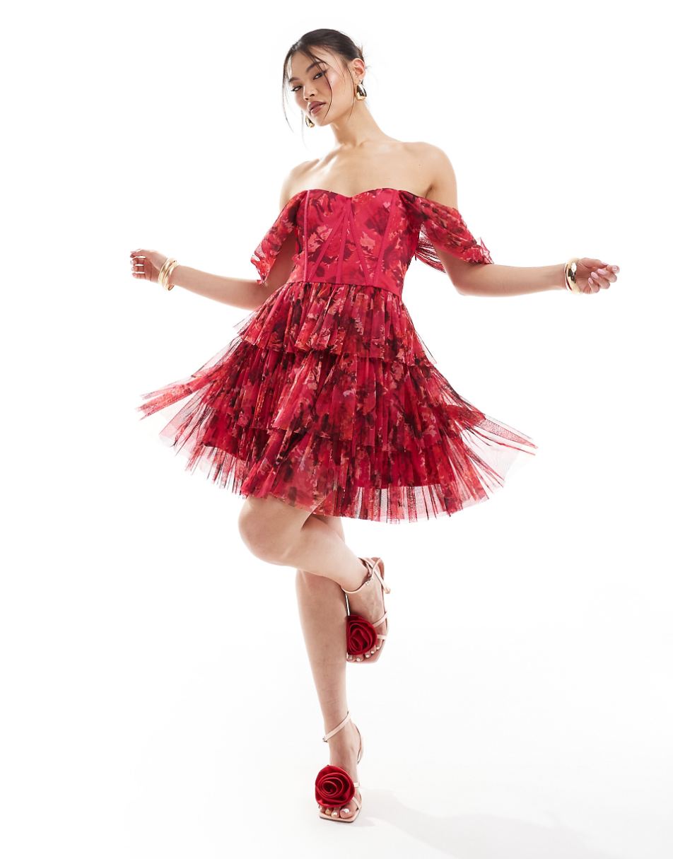 Lace & Beads off the shoulder corset tulle mini dress in pink and red floral