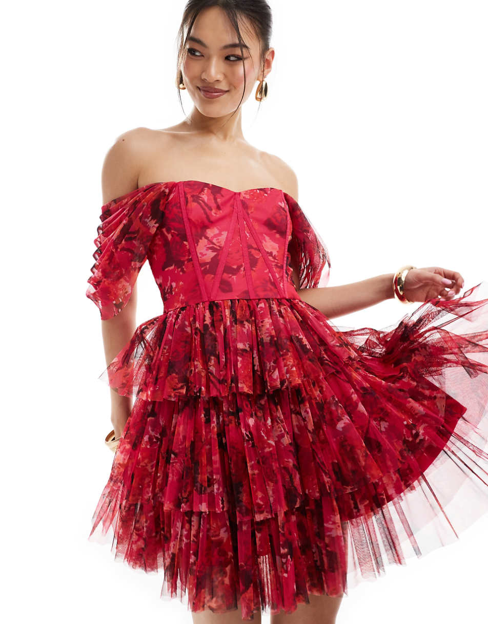 Lace & Beads off the shoulder corset tulle mini dress in pink and red floral