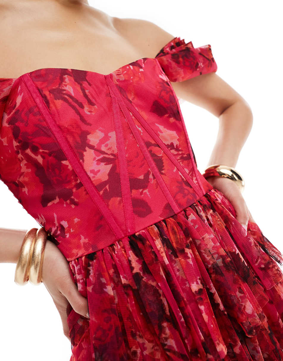 Lace & Beads off the shoulder corset tulle mini dress in pink and red floral