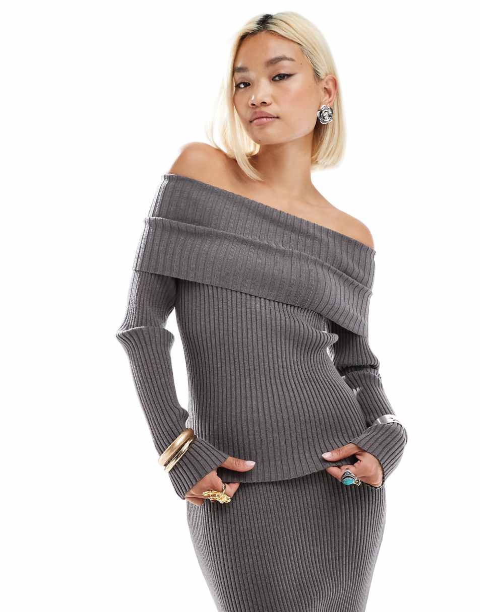 Glamorous off shoulder rib knit sweater in charcoal - part of a set