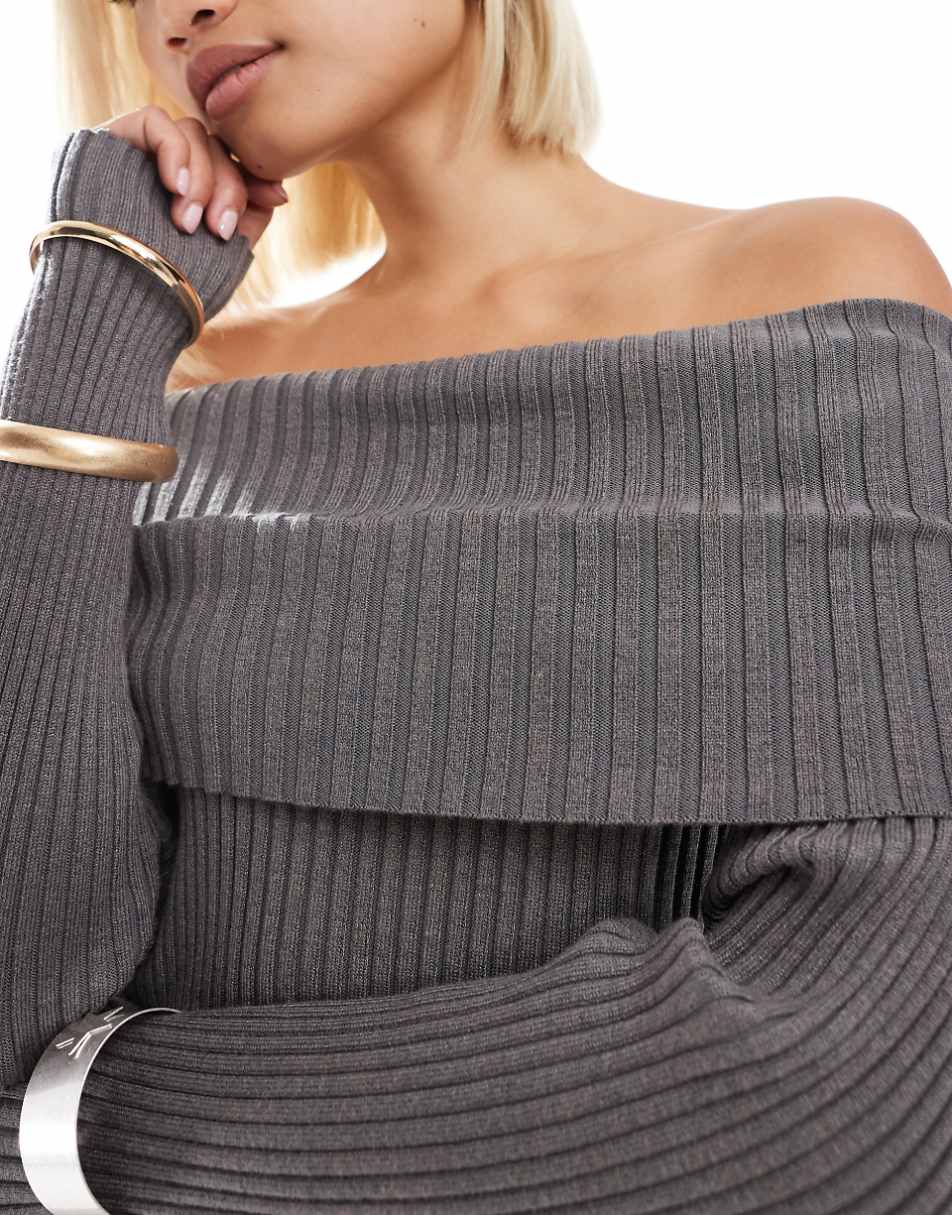 Glamorous off shoulder rib knit sweater in charcoal - part of a set