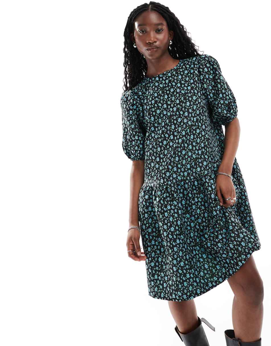 Glamorous drop waist mini smock dress in blue floral jacquard