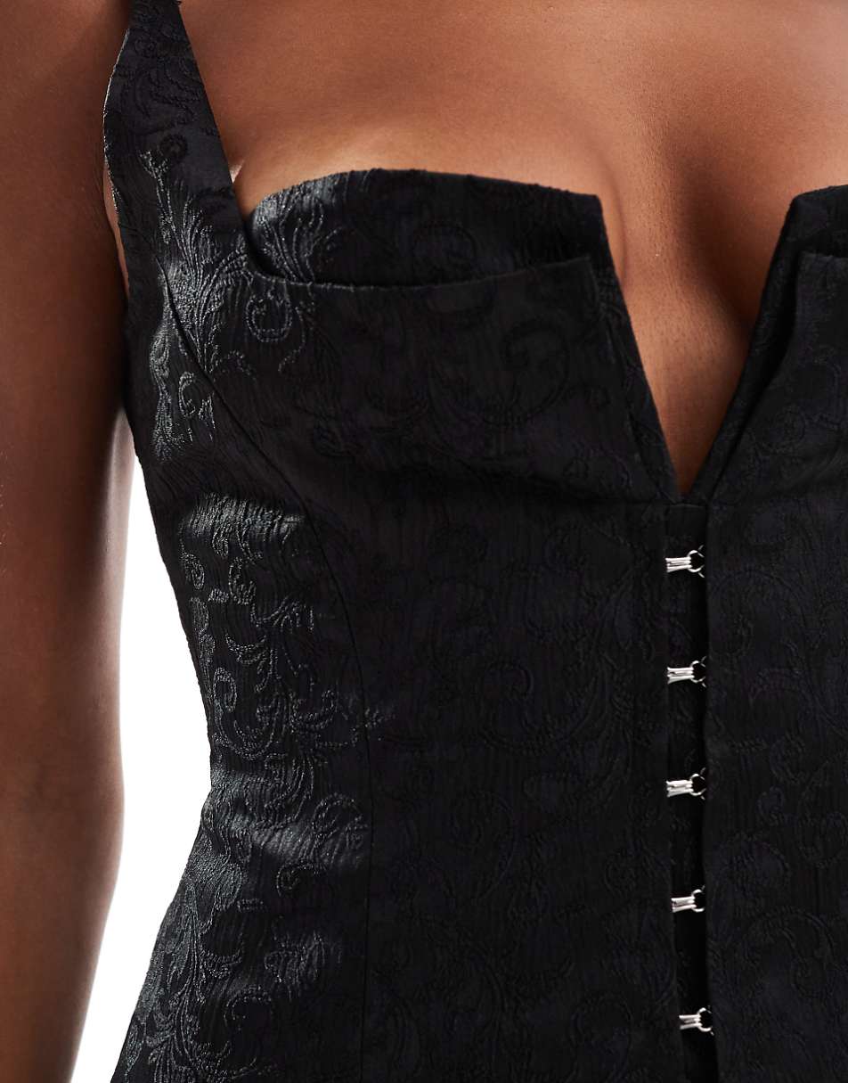 Murci hook and eye plunge neck a-line mini dress in black jacquard
