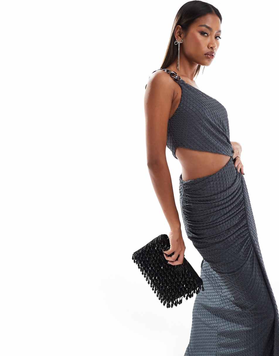 ASOS DESIGN textured one shoulder midi dress with silver chain in charcoal