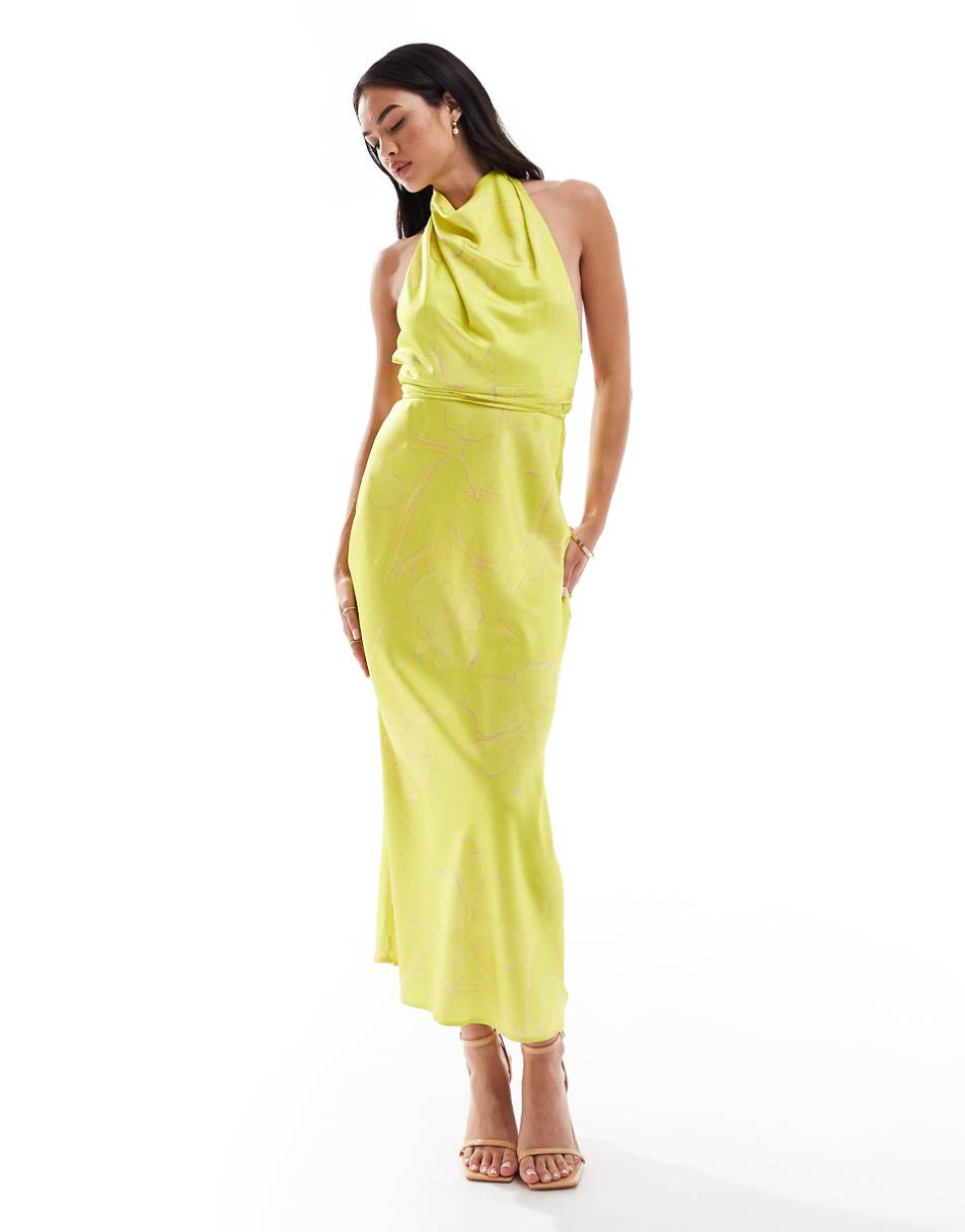 ASOS DESIGN satin cowl neck midaxi dress with tie waist in lime oversized floral print