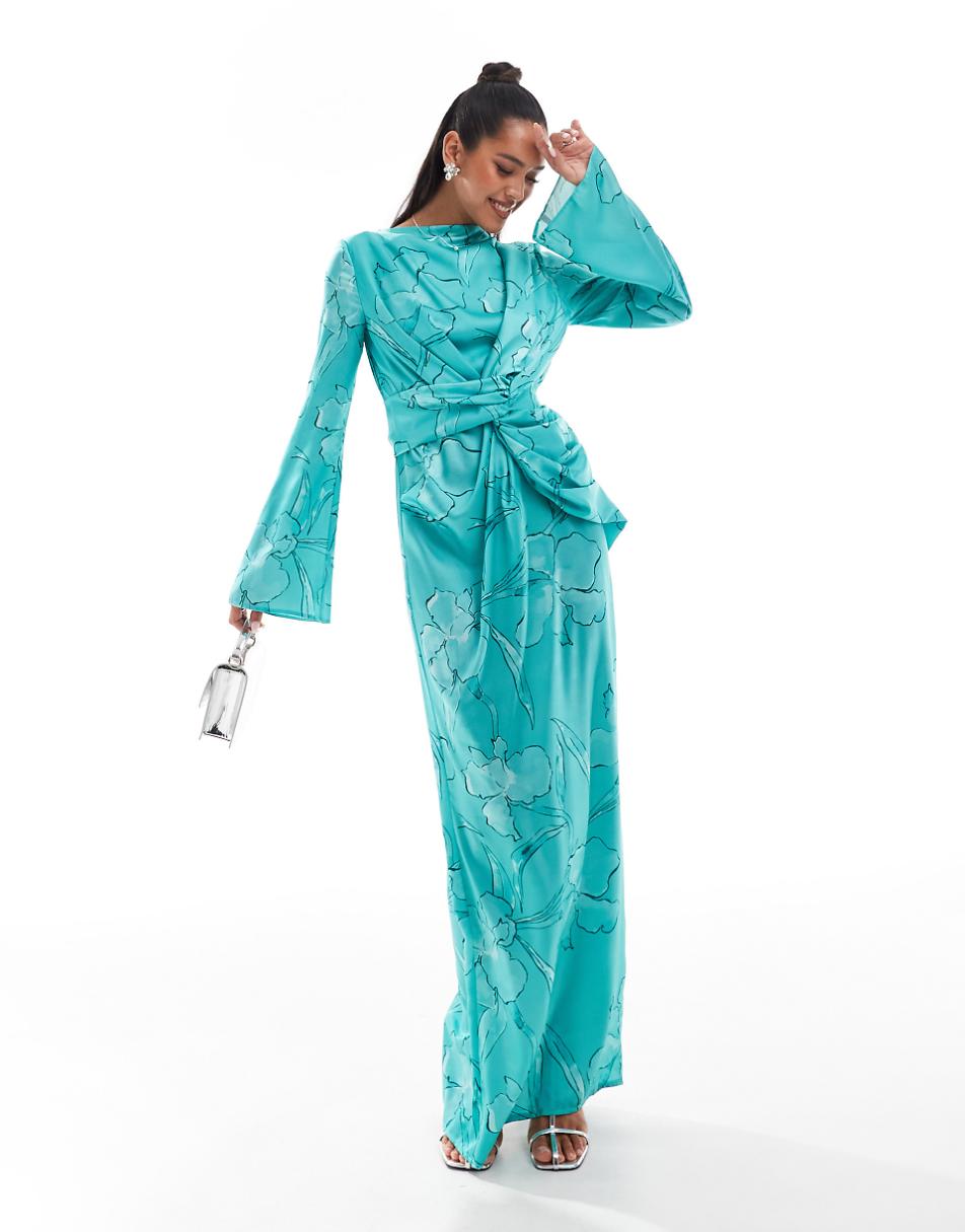 ASOS DESIGN twist front fluted sleeve maxi dress in jade outline floral print