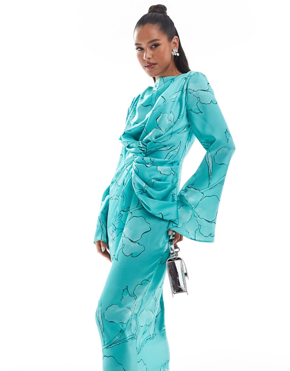 ASOS DESIGN twist front fluted sleeve maxi dress in jade outline floral print
