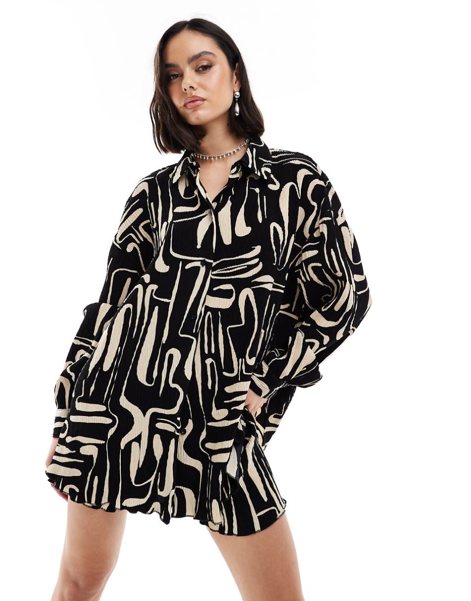 Extro & Vert plisse shirt in camel and black abstract print - part of a set
