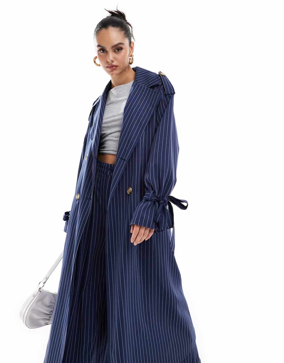 Extro & Vert trench coat in blue pinstripe - part of a set