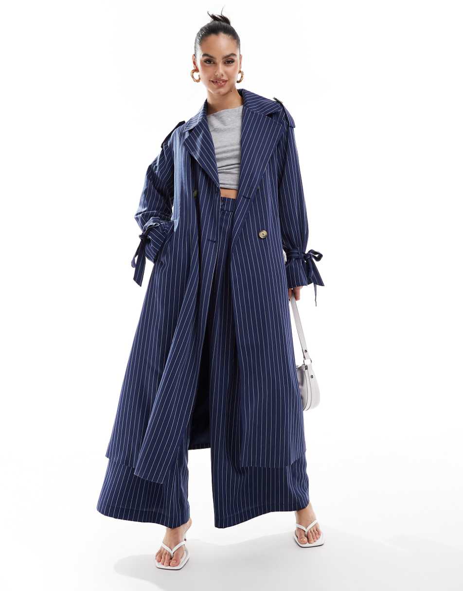 Extro & Vert trench coat in blue pinstripe - part of a set