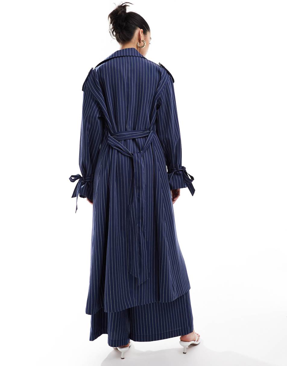 Extro & Vert trench coat in blue pinstripe - part of a set