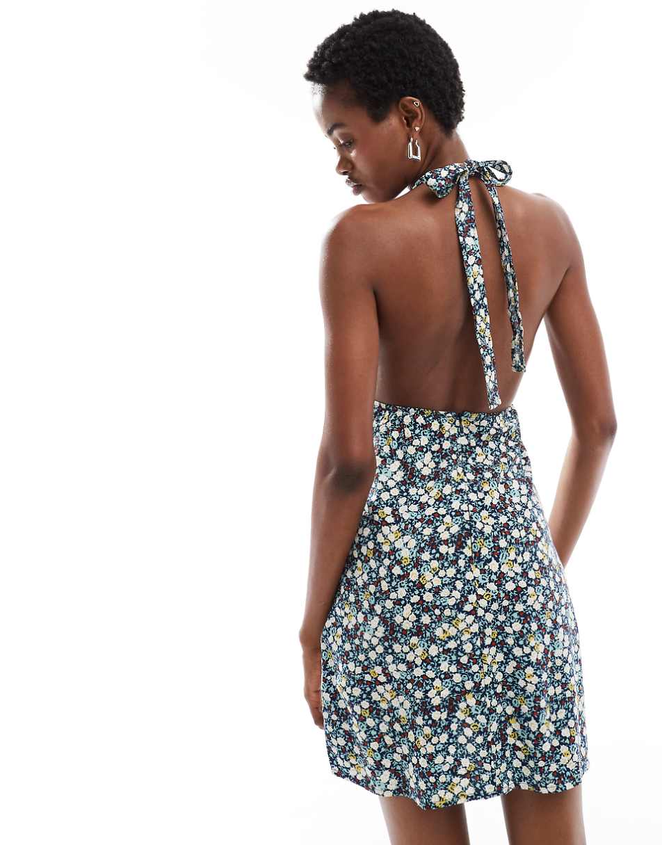 Motel Exclusive leana ditsy floral deep v mini dress in navy
