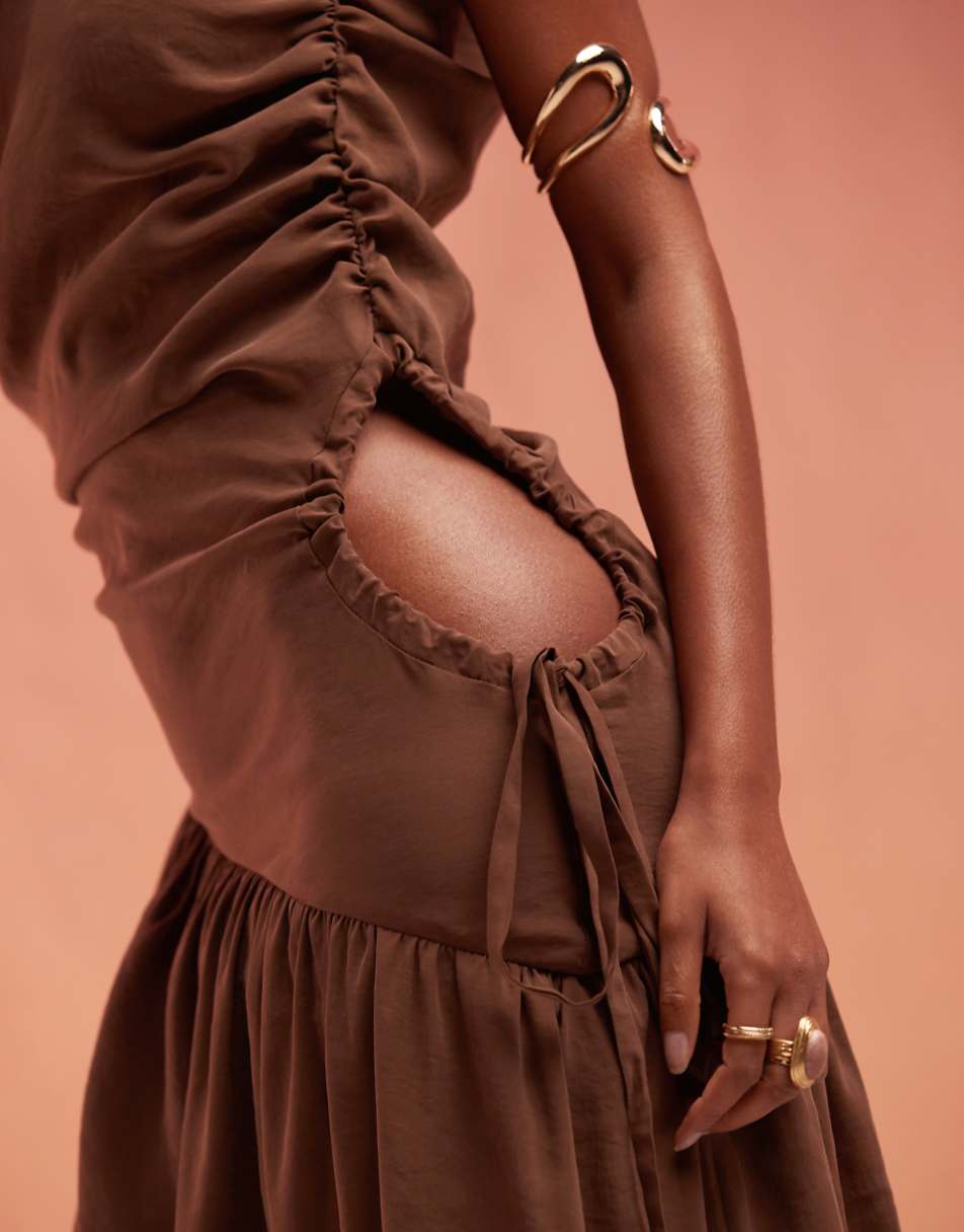 ASOS DESIGN soft draped midi dress with drawstring tie sides in chocolate