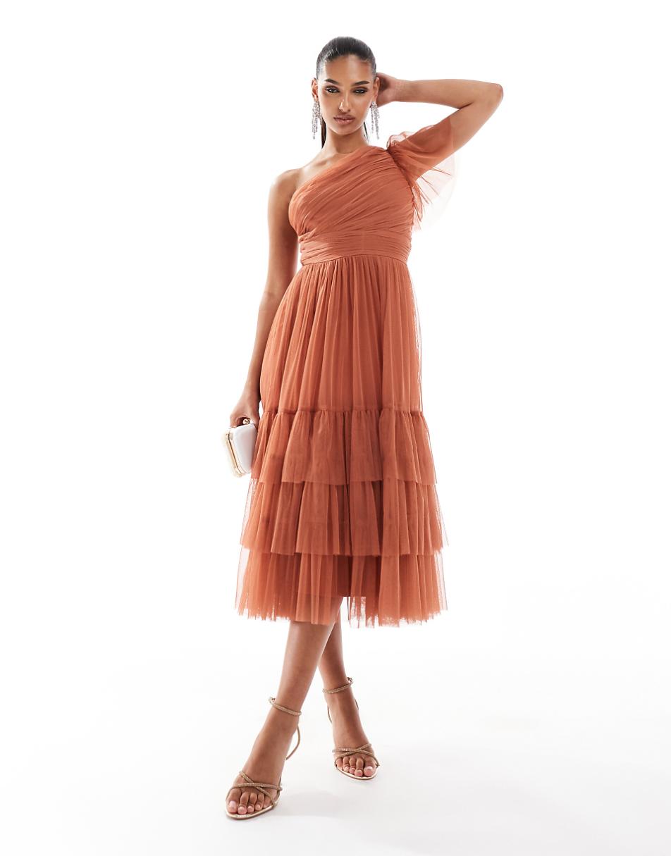 Lace & Beads Bridesmaid Madison one shoulder tulle midi dress in terracotta rose