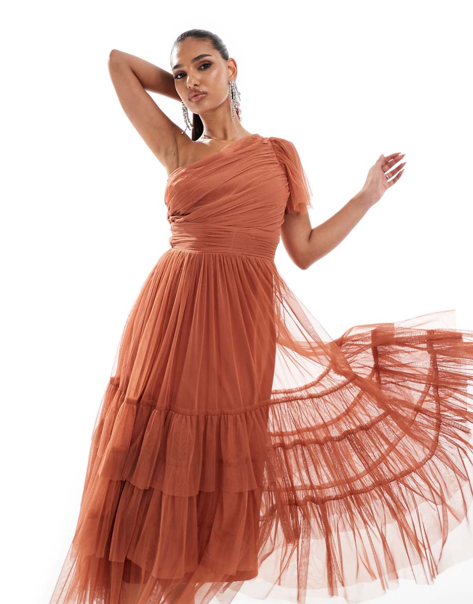 Lace & Beads Bridesmaid Madison one shoulder tulle midi dress in terracotta rose