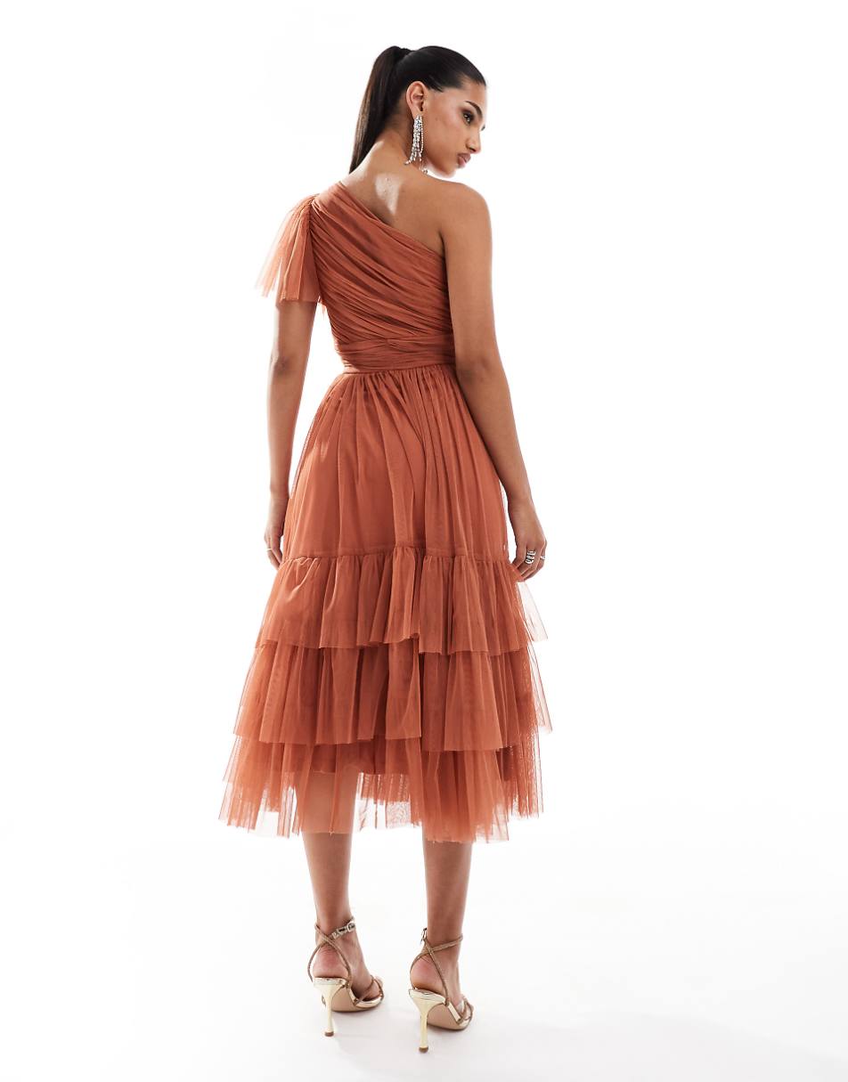 Lace & Beads Bridesmaid Madison one shoulder tulle midi dress in terracotta rose
