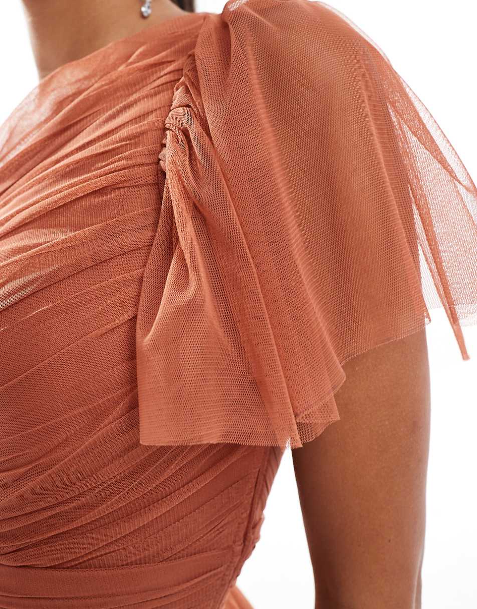 Lace & Beads Bridesmaid Madison one shoulder tulle midi dress in terracotta rose